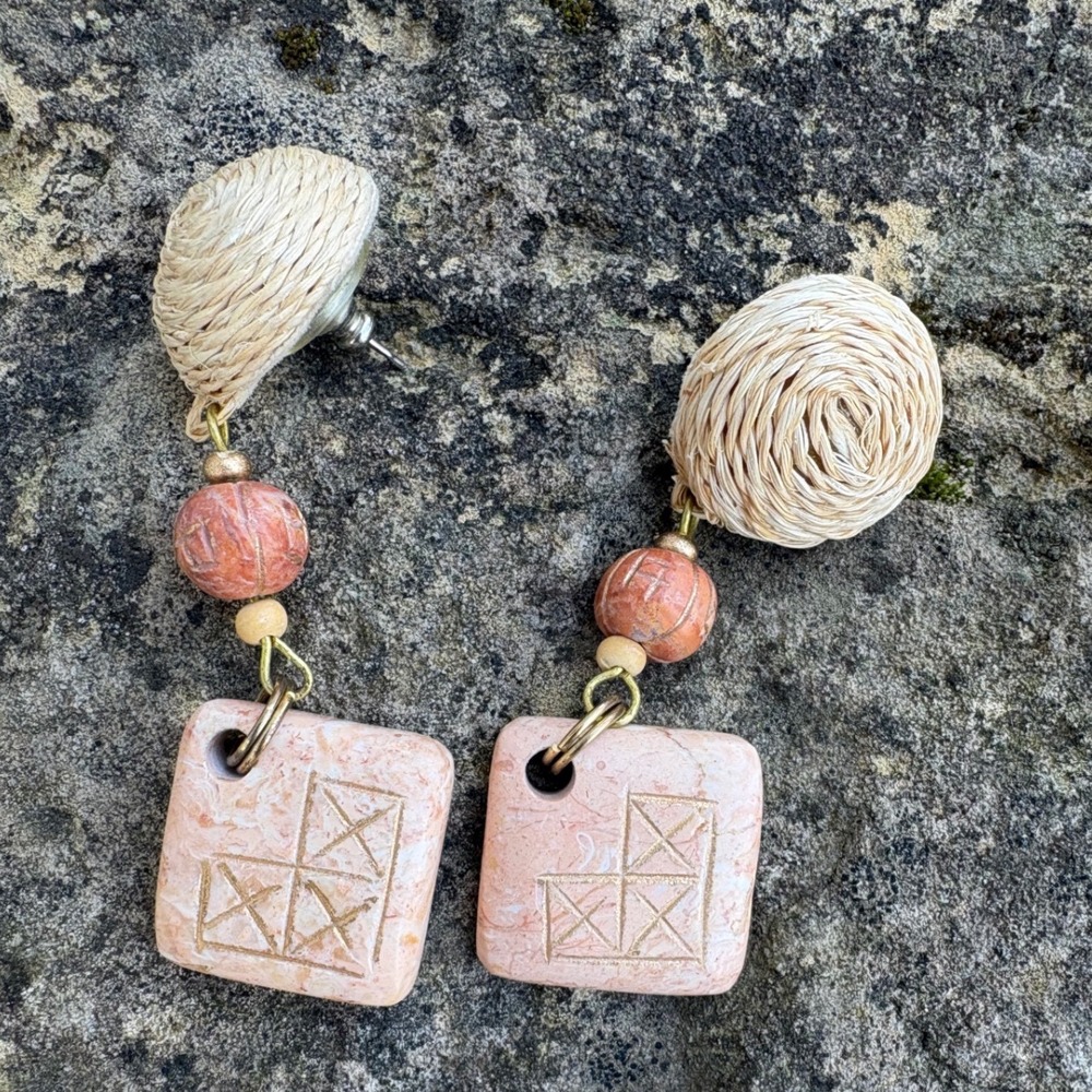 Boho Raffia Earrings Wood Bead Dangle Coastal Beach Statement Jewelry